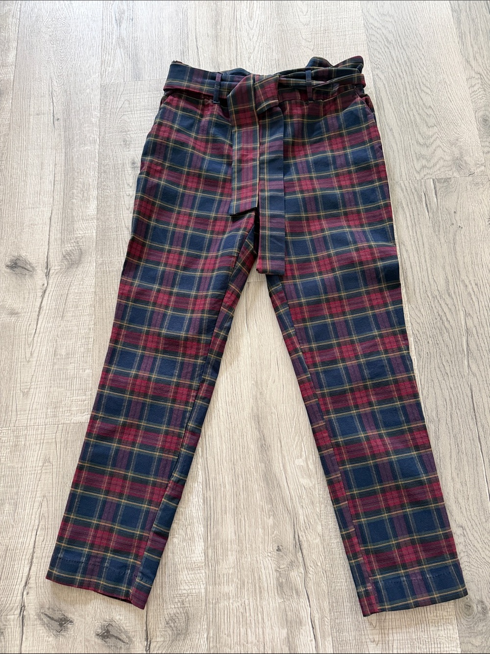 Jules & Leopold Red, Navy and green plaid Tapered Pants Waist Tie & two pockets